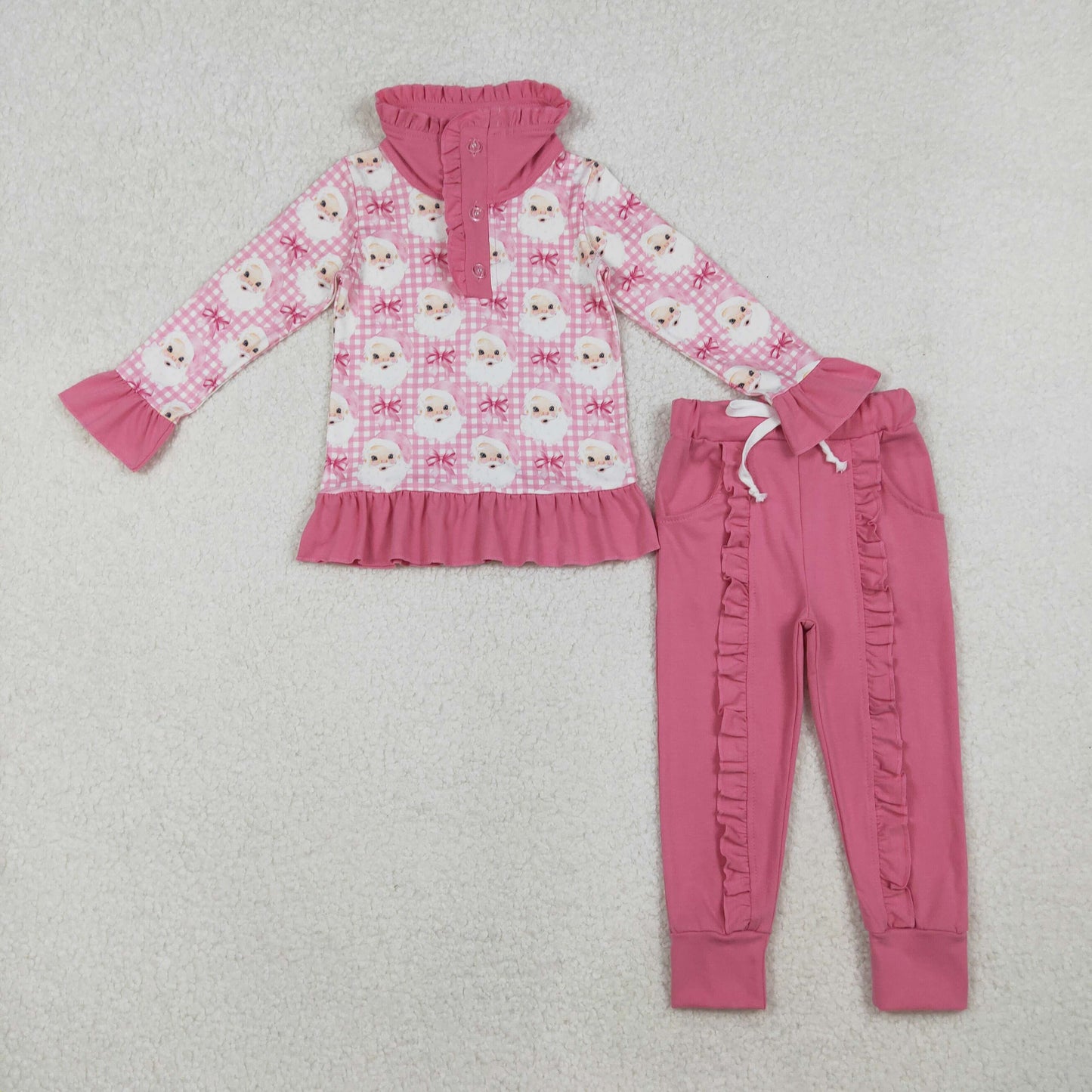 GLP2881 Baby Girls Pink Checked Santa Button Top Pockets Pants Christmas Clothes Sets