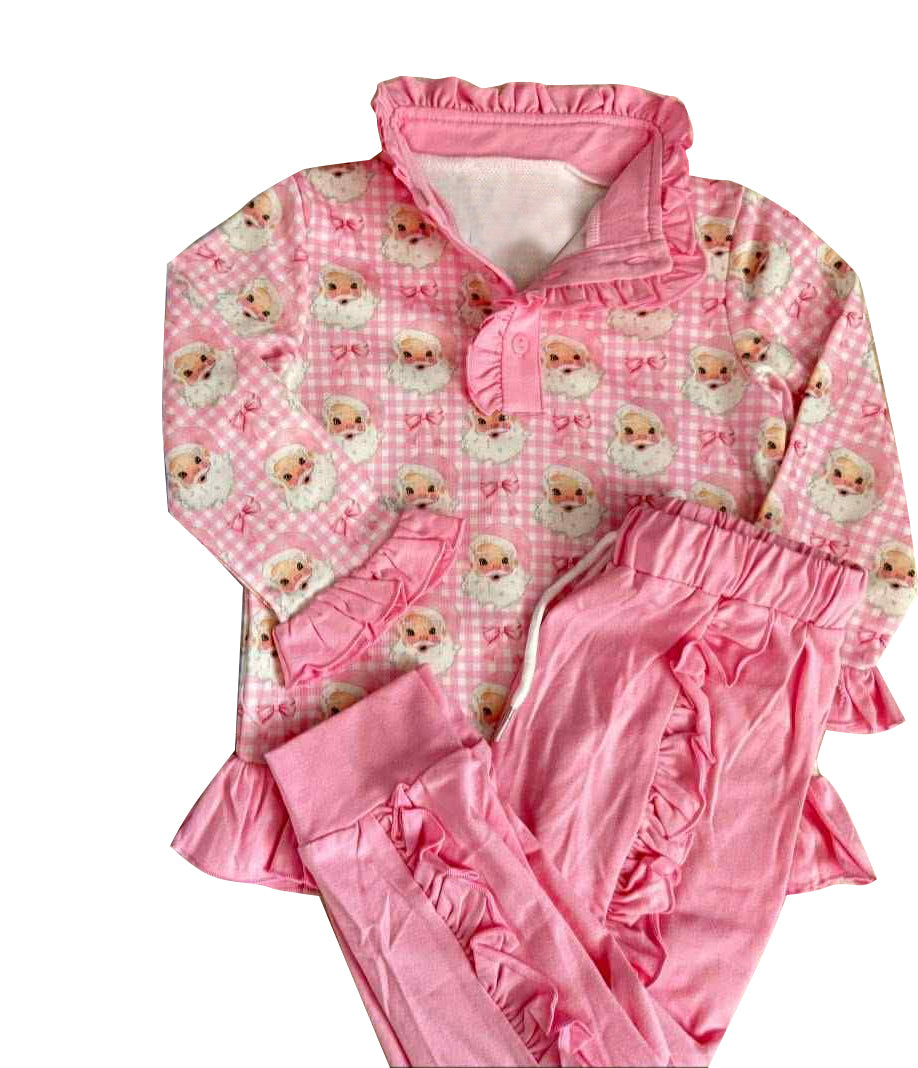 GLP2881 Baby Girls Pink Checked Santa Button Top Pockets Pants Christmas Clothes Sets D 1022