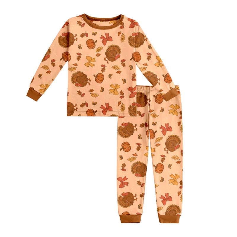GLP2883 Baby Girls Bows Turkey Pumpkins Top Pant Thanksgiving Pajamas Sets D 918