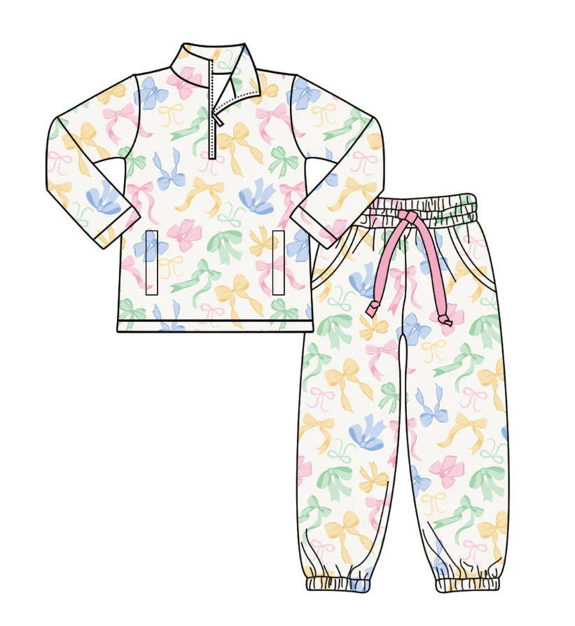GLP2886 Baby Girls Colorful Bows Pockets Zipper Pullover Jogger Clothes Sets D 1028