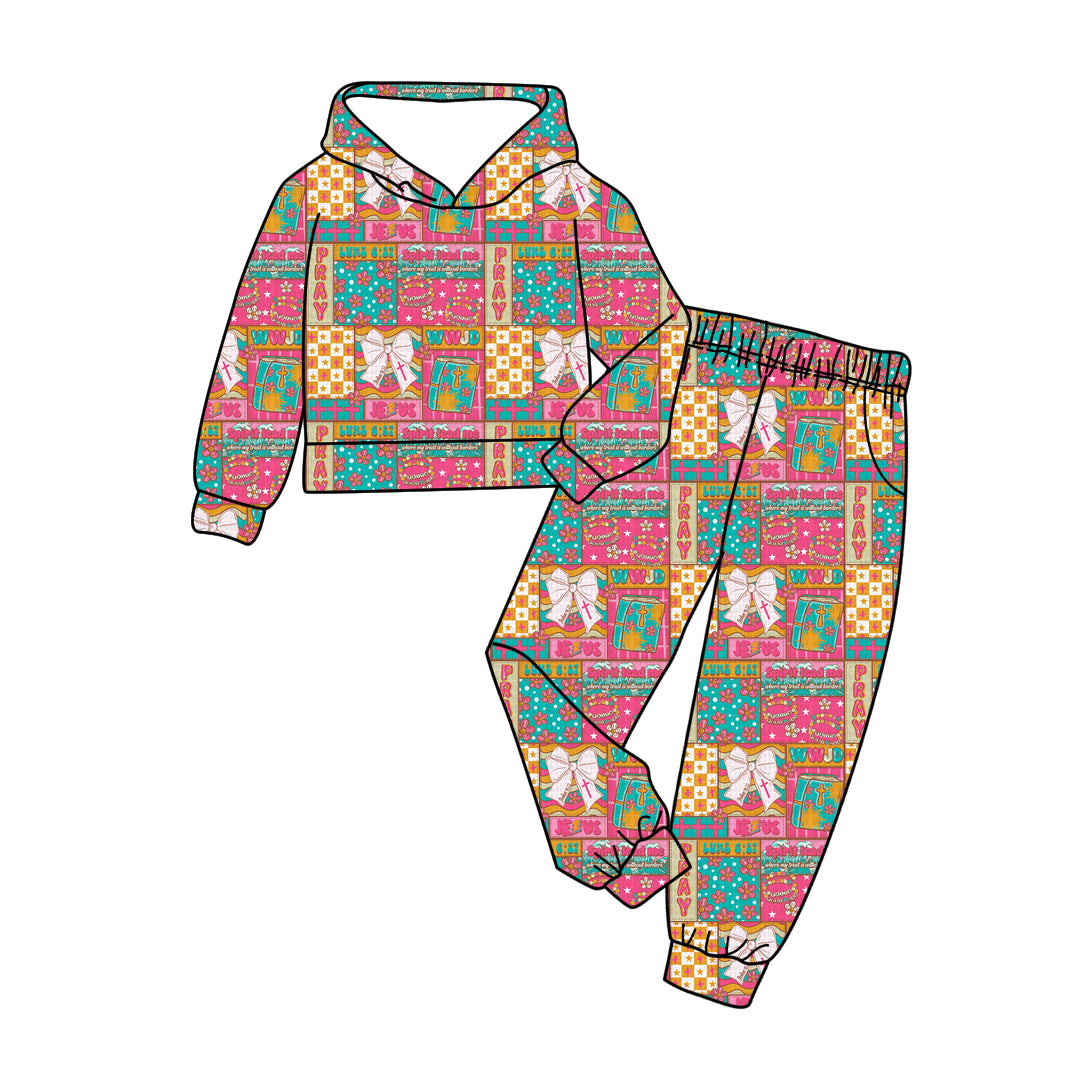 GLP2891 Baby Girls Pink Bows Flowers Checked Hoodies Pockets Jogger Clothes Sets D 1127