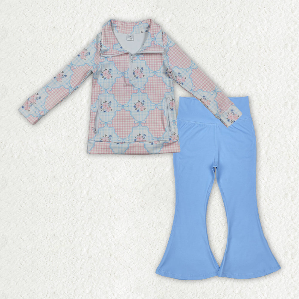 GLP2899 Baby Girls Flowers Checked Zipper Pullover Blue Bell Bottom Pants Yoga Active Clothes Sets
