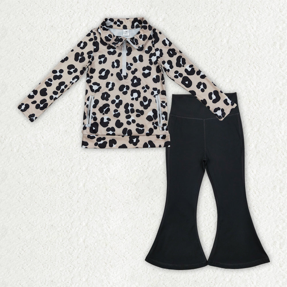 GLP2900 Baby Girls Black Leopard Pockets Zipper Jackets Bell Bottom Pants Yoga Active Clothes Sets