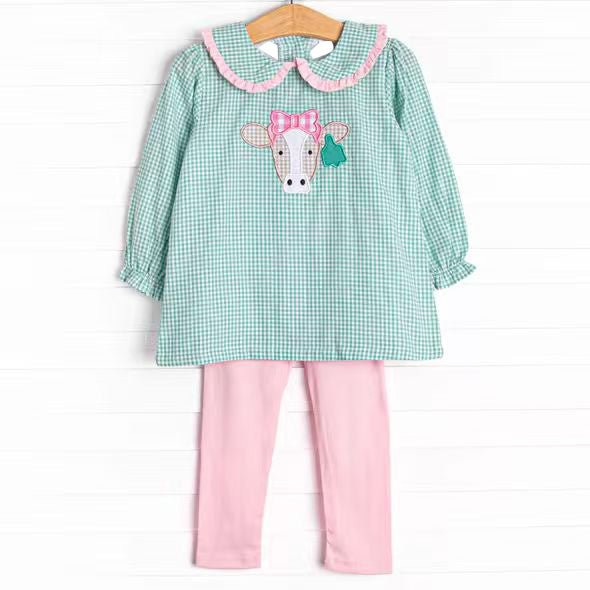 presale GLP2926 Baby Girls Green Checked Cows Tunic Leggings Farm Clothes Sets D 930