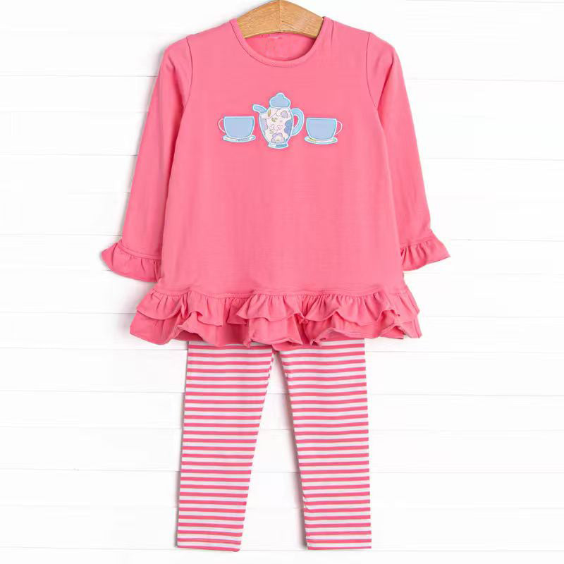 presale GLP2927 Baby Girls Pink Tea Cups Tunic Stripe Leggings Clothes Sets D 930