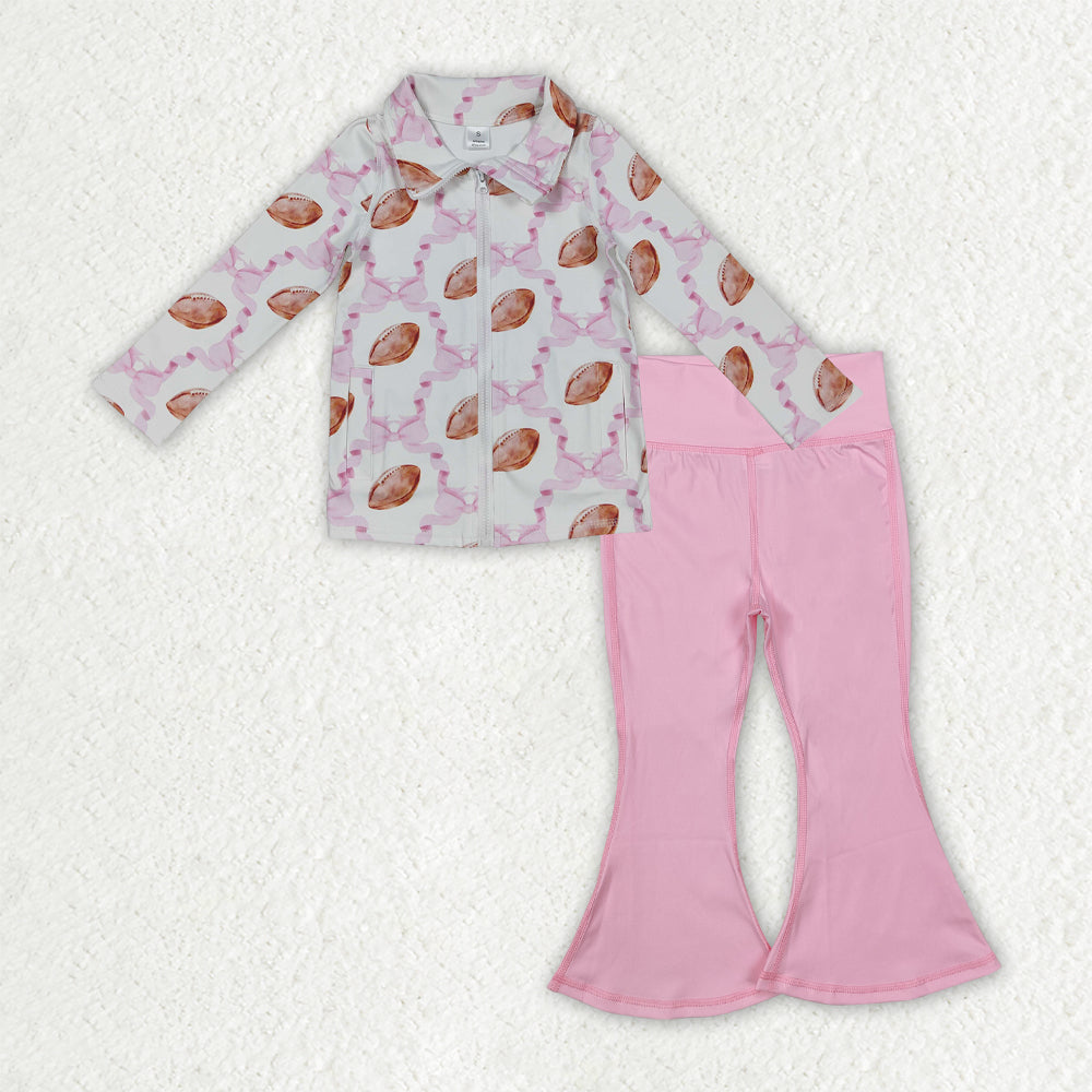 GLP2969 Baby Girls Pink Bows Footballs Checked Zip Pockets Pullover Bell Bottom Pants Yoga Active Clothes Sets