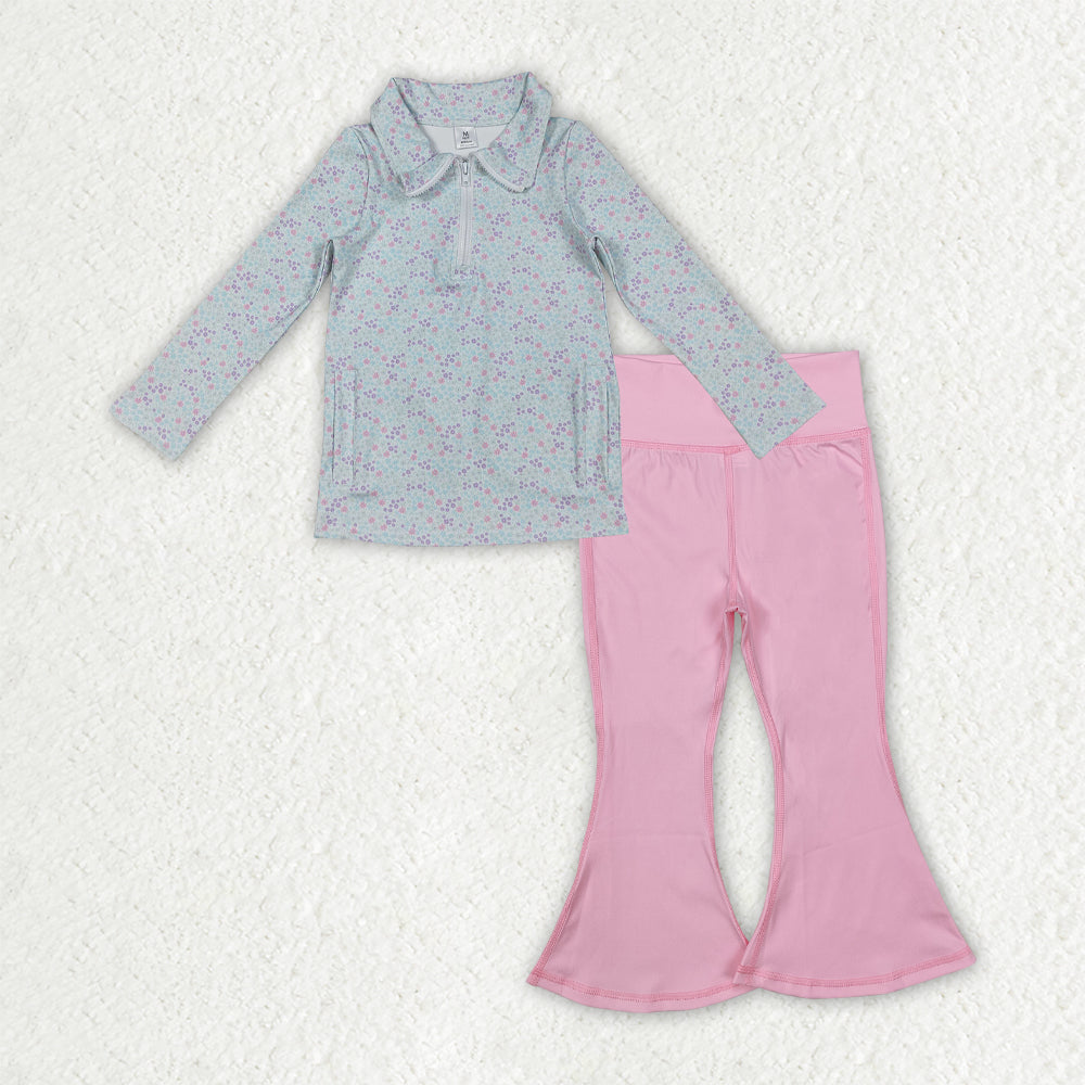 GLP2971 Baby Girls Flowers Zip Pockets Pullover Pink Bell Bottom Pants Yoga Active Clothes Sets D 1001