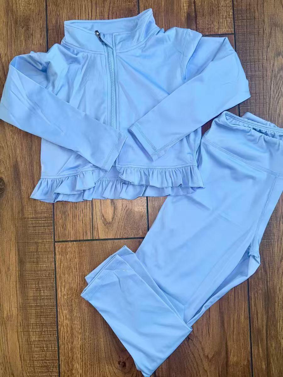 presale GLP2977 Baby Girls Blue Long Sleeve Zipper Jacket Leggings Yoga Clothes Sets D 1007