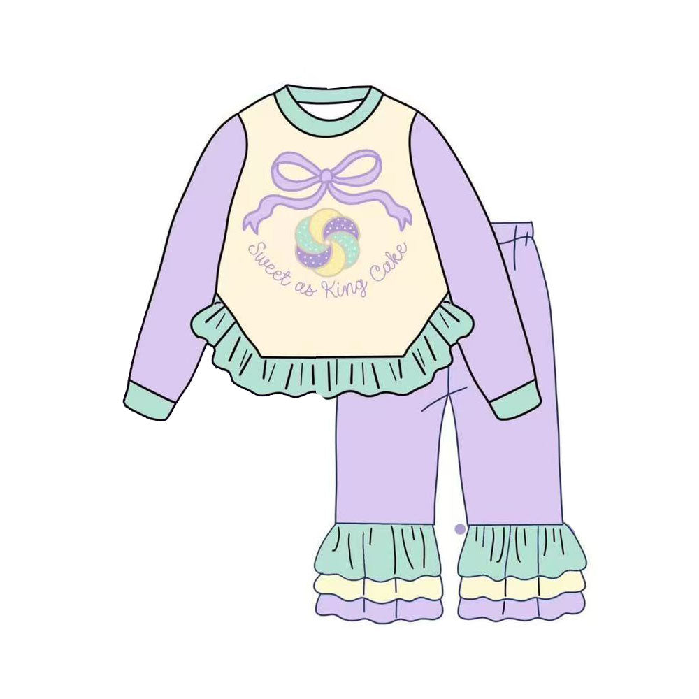 presale GLP2979 Baby Girls Lavender Mardigras Donuts Bows Top Ruffle Pants Clothes Sets D 1008