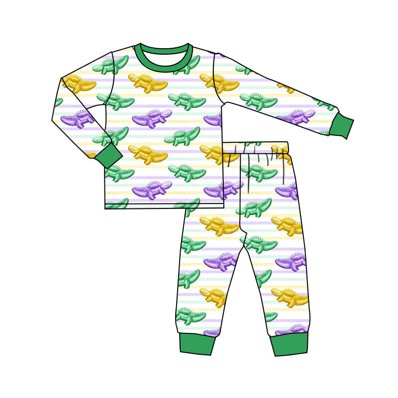 presale GLP2985 Baby Girls Mardigras Stripe Crocodiles Top Pant Pajamas Sets D 1009