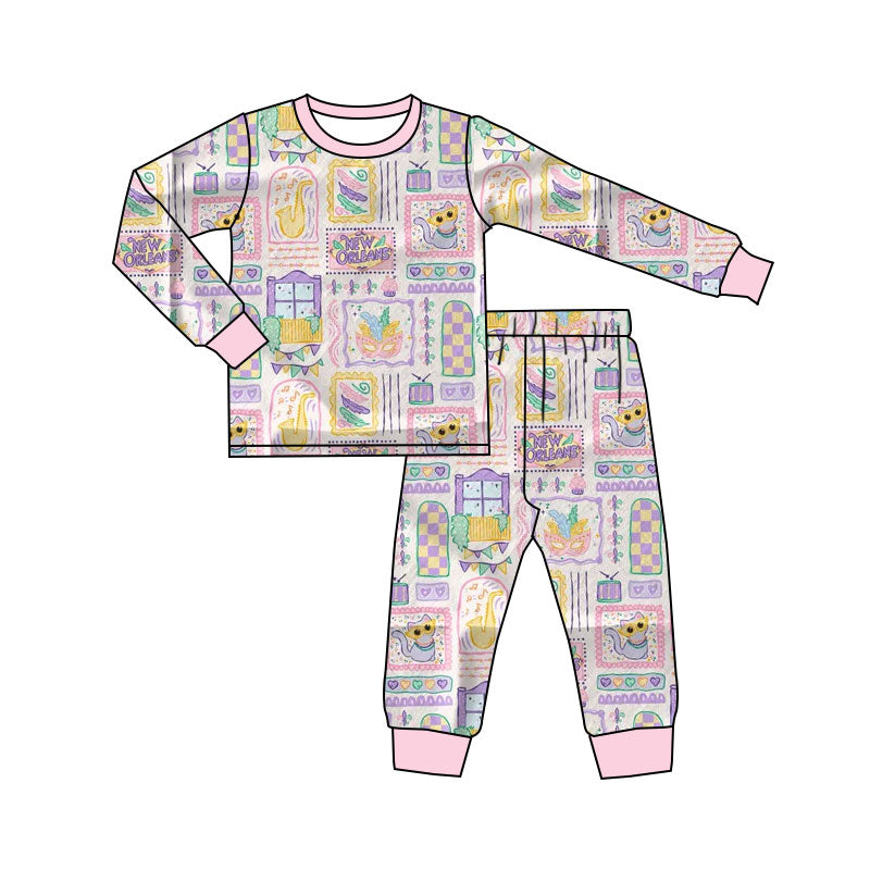 presale GLP2986 Baby Girls Mardigras Anchors Masks Checked Top Pant Pajamas Sets D 1009