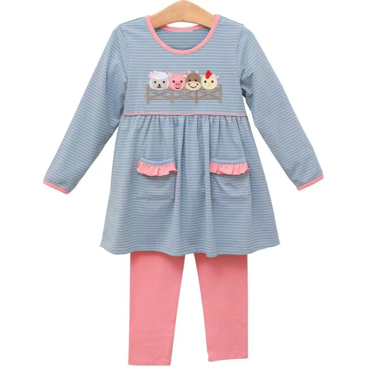 presale GLP3072 Baby Girls Blue Stripe Pigs Cows Pockets Tunic Pink Leggings Farm Clothes Sets D 1106