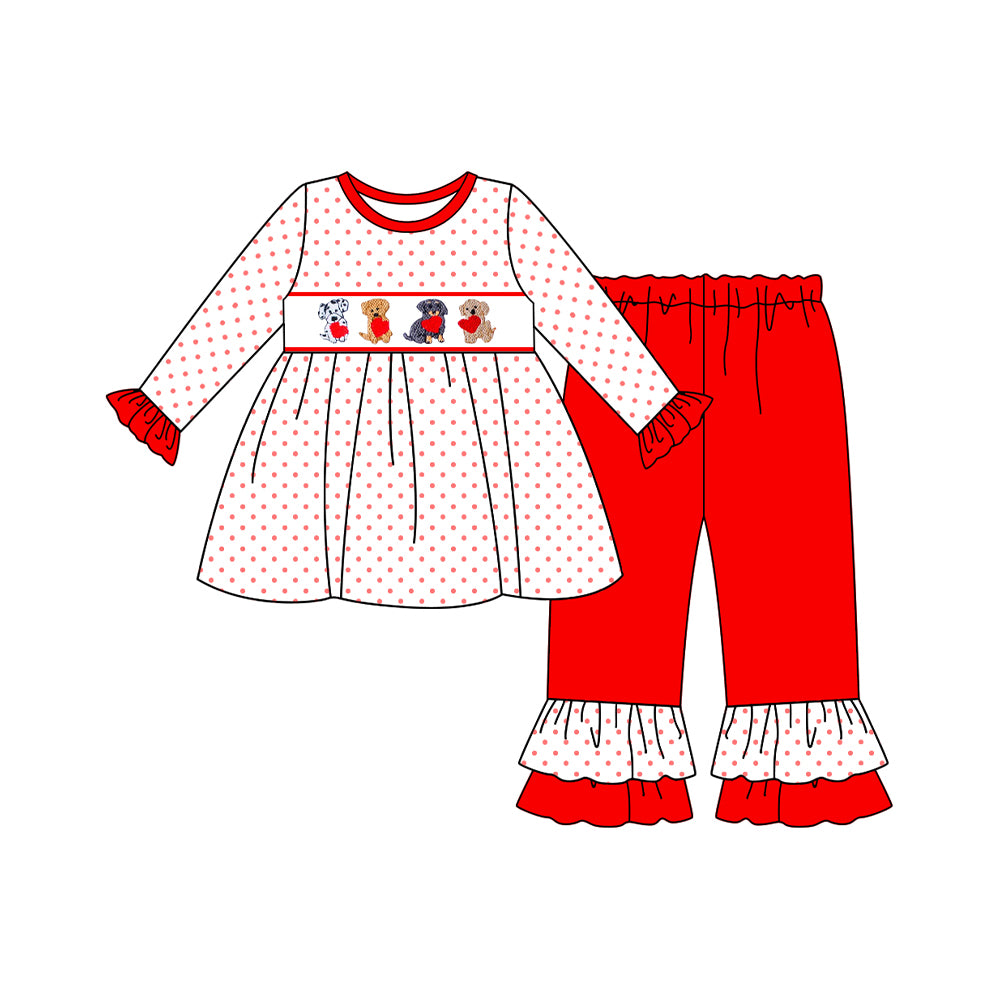 presale GLP3073 Baby Girls Hearts Dogs Polka Dots Tunic Ruffle Pants Valentine Clothes Sets D 1107
