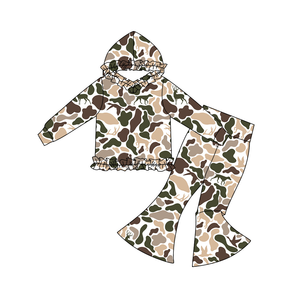 presale GLP3079 Baby Girls Ducks Deer Camo Ruffle Hoodies Bell Bottom Pants Southern Clothes Sets D 1108