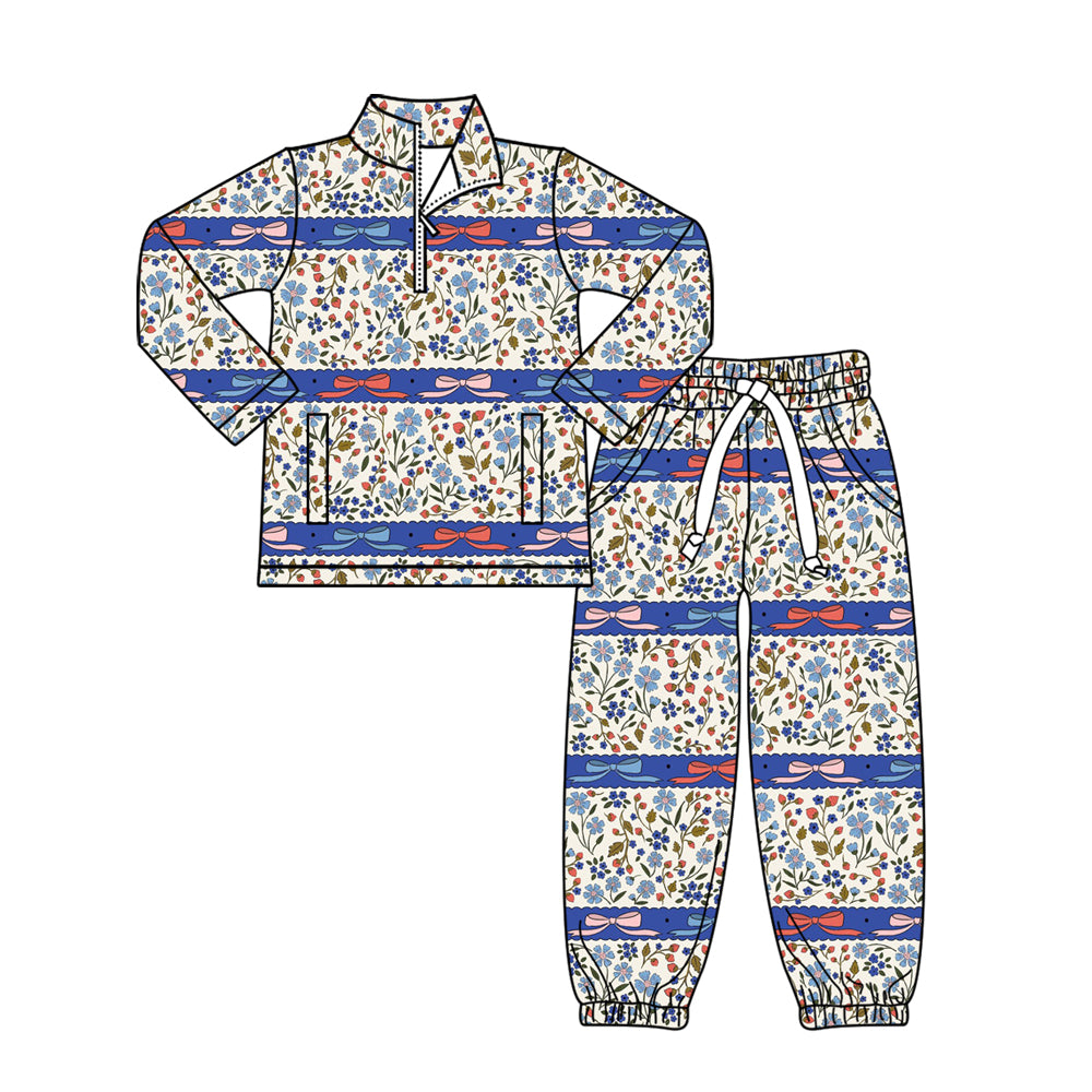 presale GLP3093 Baby Girls Floral Bows Stripe Zipper Pockets Pullovers Jogger Clothes Sets D 1119