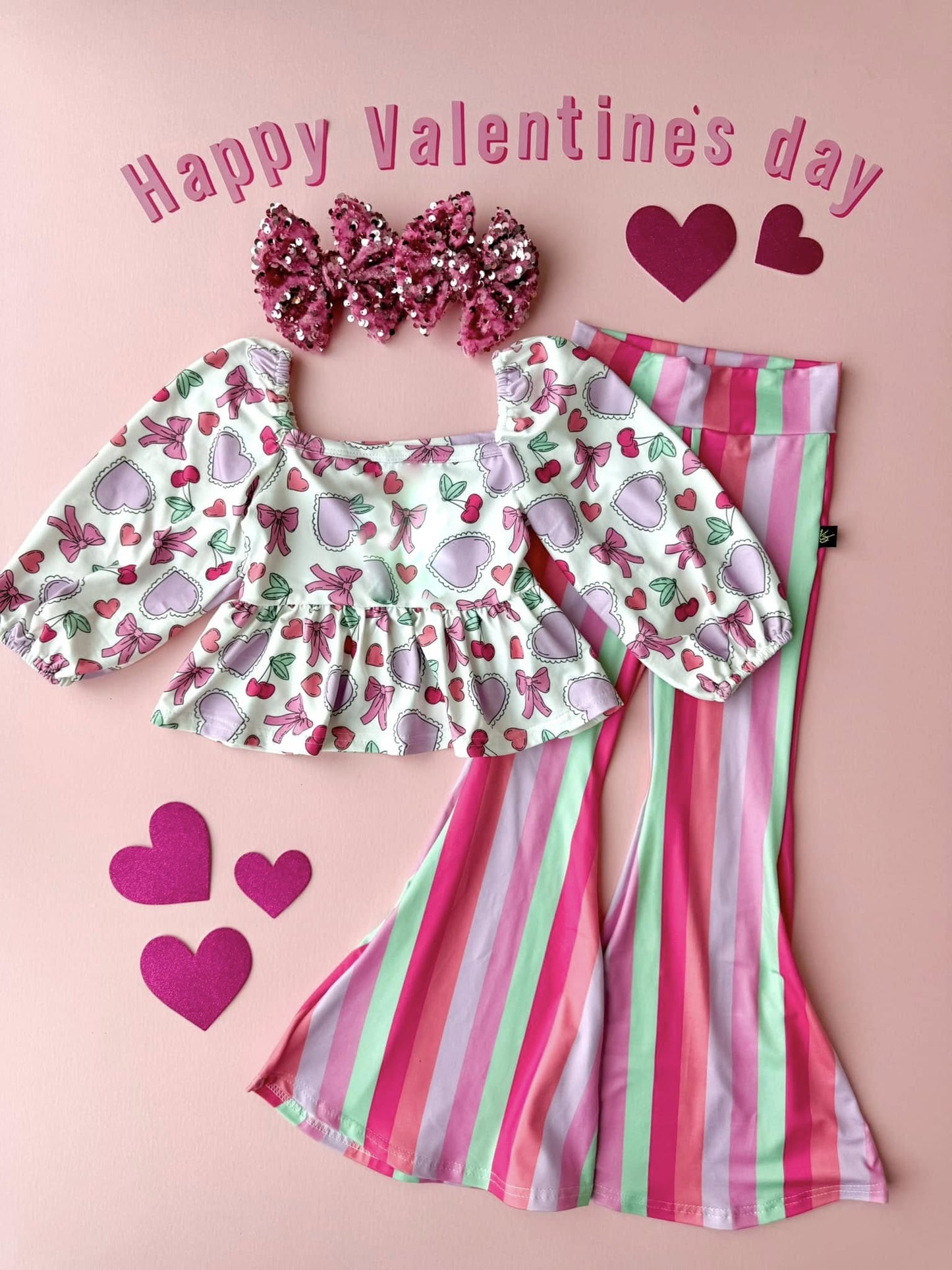 presale GLP3119 Baby Girls Colorful Hearts Ruffle Top Stripe Bell Bottom Pant Valentine Clothes Sets D 1124