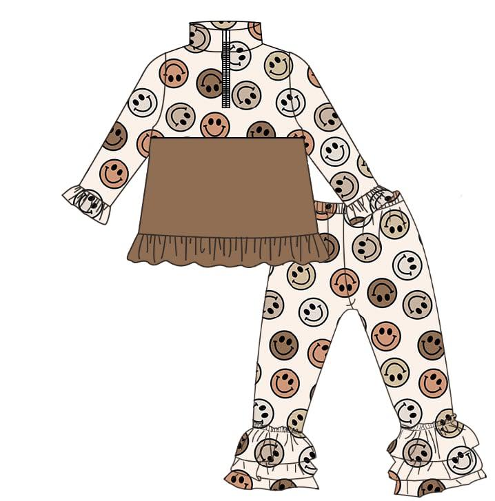 presale GLP3122 Baby Girls Brown Smiles Zipper Pullovers Ruffle Pants Clothes Sets D 1125