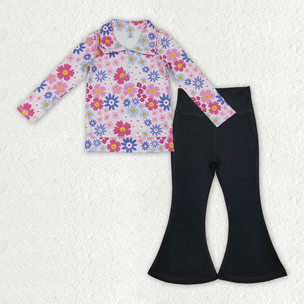 Baby Girls Daisy Flowers Zip Pullover Top with Black Bell Bottom Pants Yoga Active Wear Clothing Set