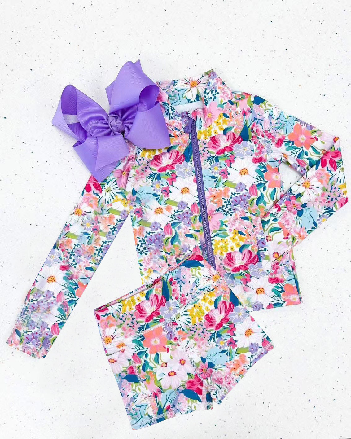 presale GLS0012 Baby Girls Long Sleeves Pink Lavender Floral Zipper Top Shorts Yoga Set D 5.30