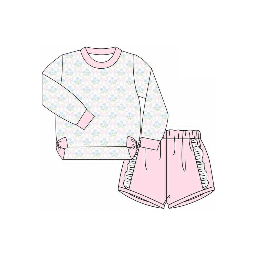 presale GLS0014 Baby Girls Pink Floral Bows Shirts Top Ruffle Shorts Clothes Sets D 910