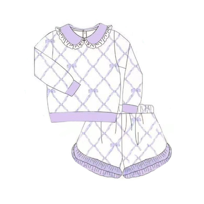 presale GLS0032 Baby Girls Lavender Bows Checked Long Sleeve Top Shorts Clothes Sets D 1008