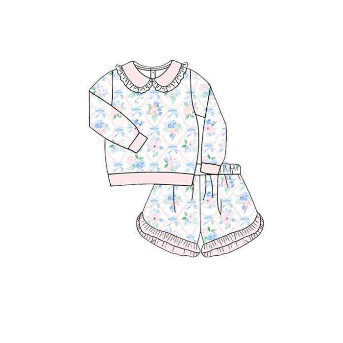 presale GLS0036 Baby Girls Long Sleeve Flowers Checked Top Ruffle Shorts Clothes Sets D 1015