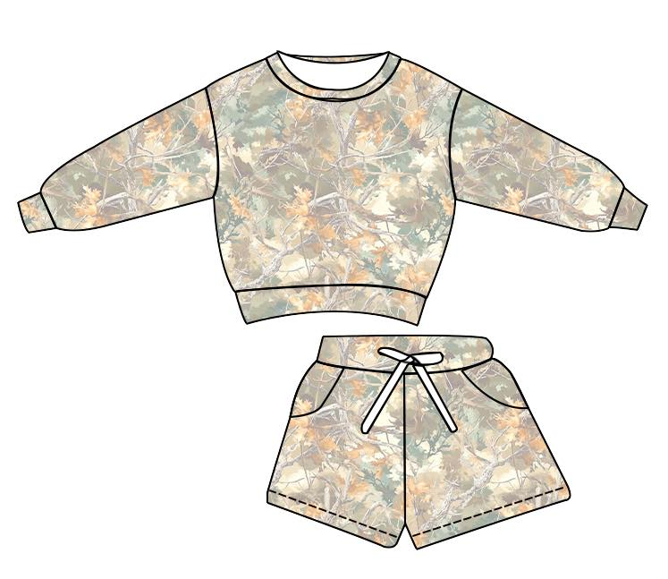 presale GLS0058 Baby Girls Leaves Camo Long Sleeve Top Pockets Shorts Southern Clothes Sets D 1114