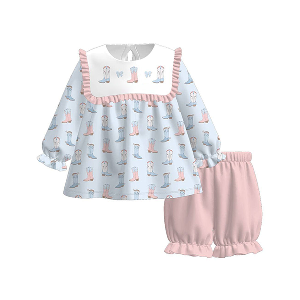 presale GLS0060 Baby Girls Blue Bows Boots Tunic Ruffle Shorts Western Clothes Sets D 1125