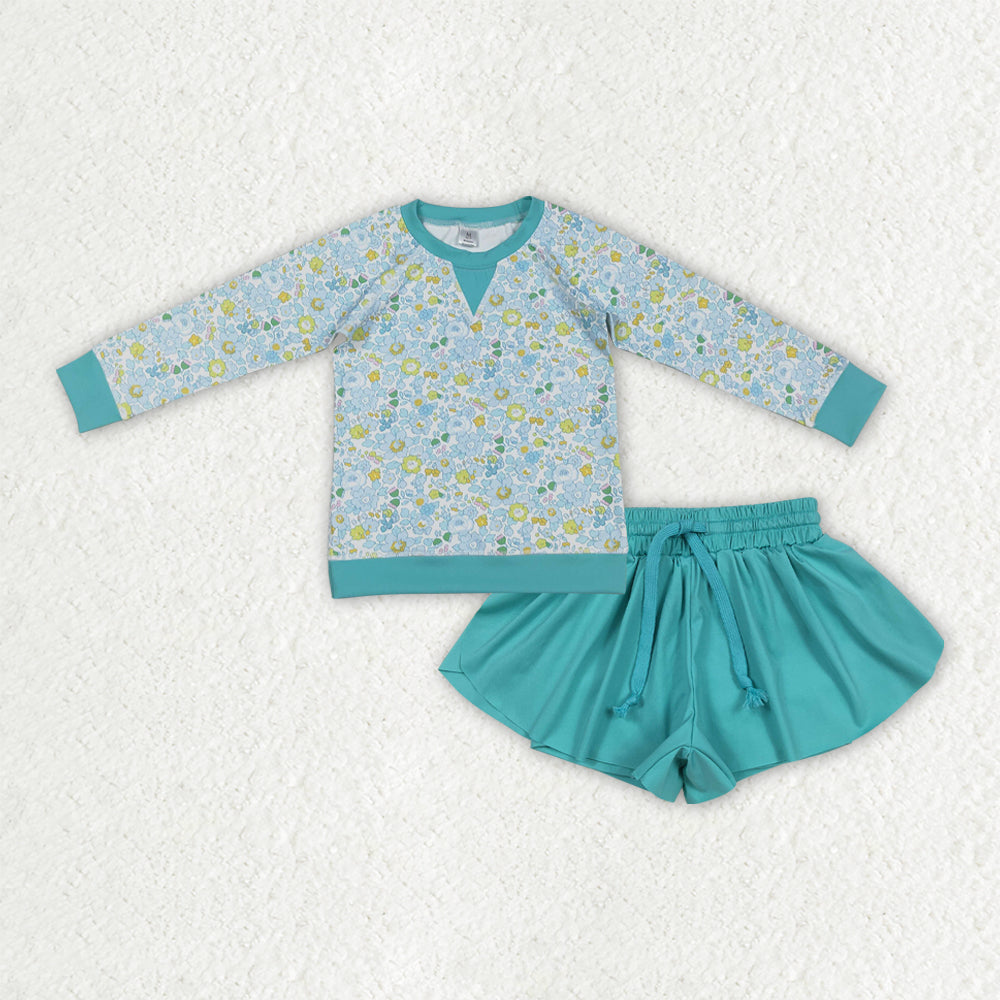 Baby Girls Colorful Floral Top with Aqua Ruffle Shorts Yoga Active Wear Outfit Set for Kids