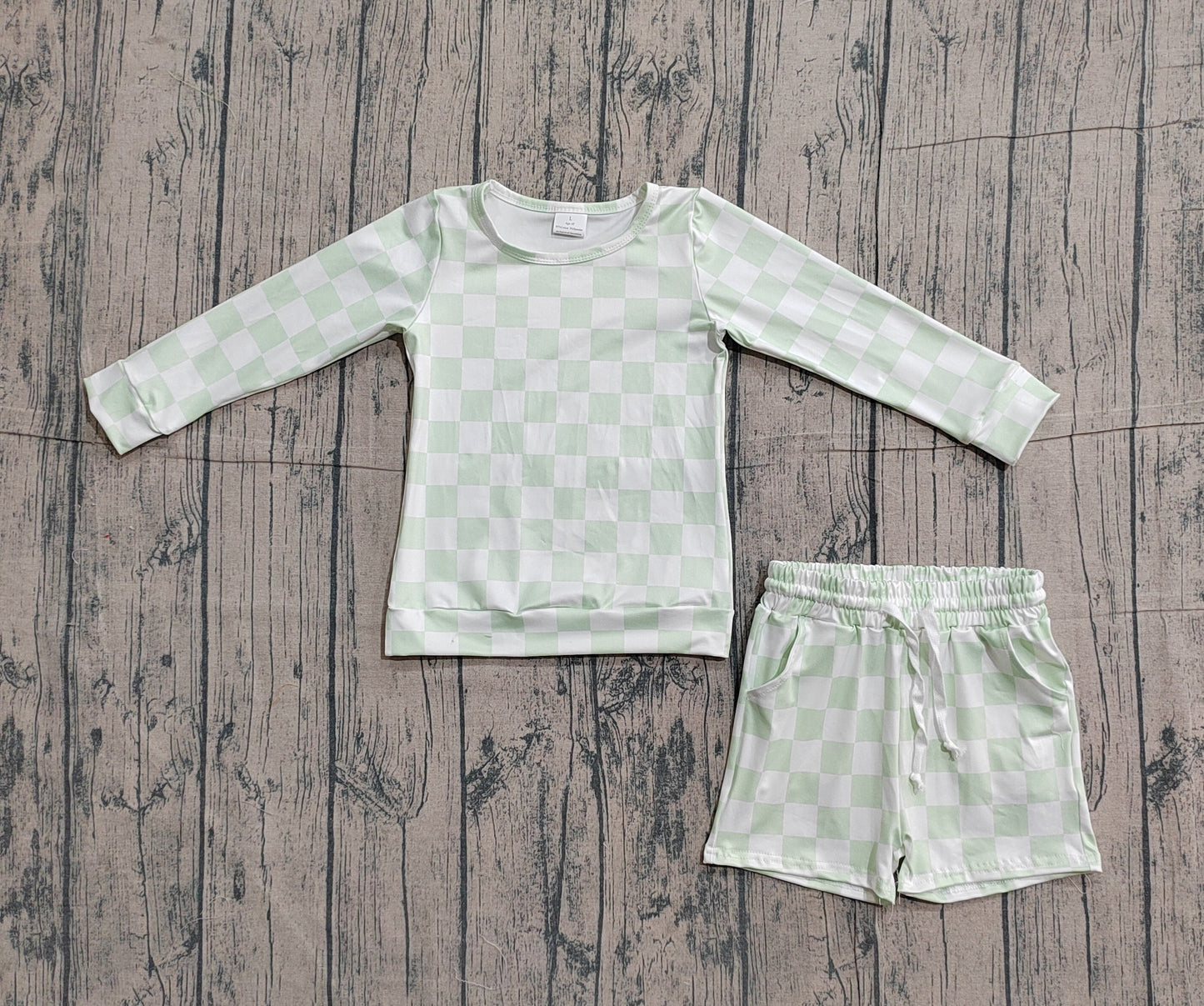 Pre-order Baby Girls Light Green Checked Long Sleeve Top Pockets Shorts Clothes Sets