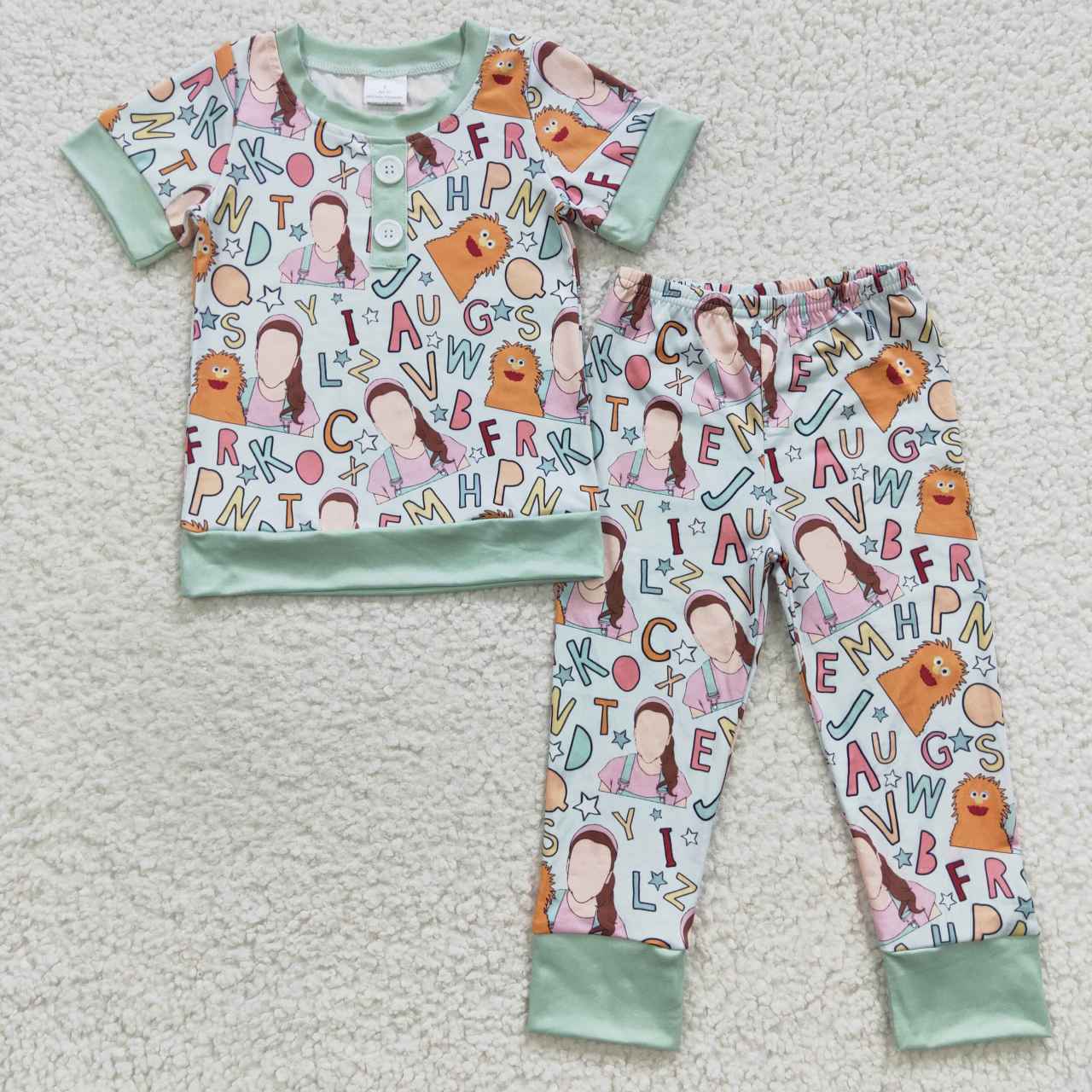 BSPO0110 Alphabet cartoon Ms.Rachel green edging short-sleeved trousers suit