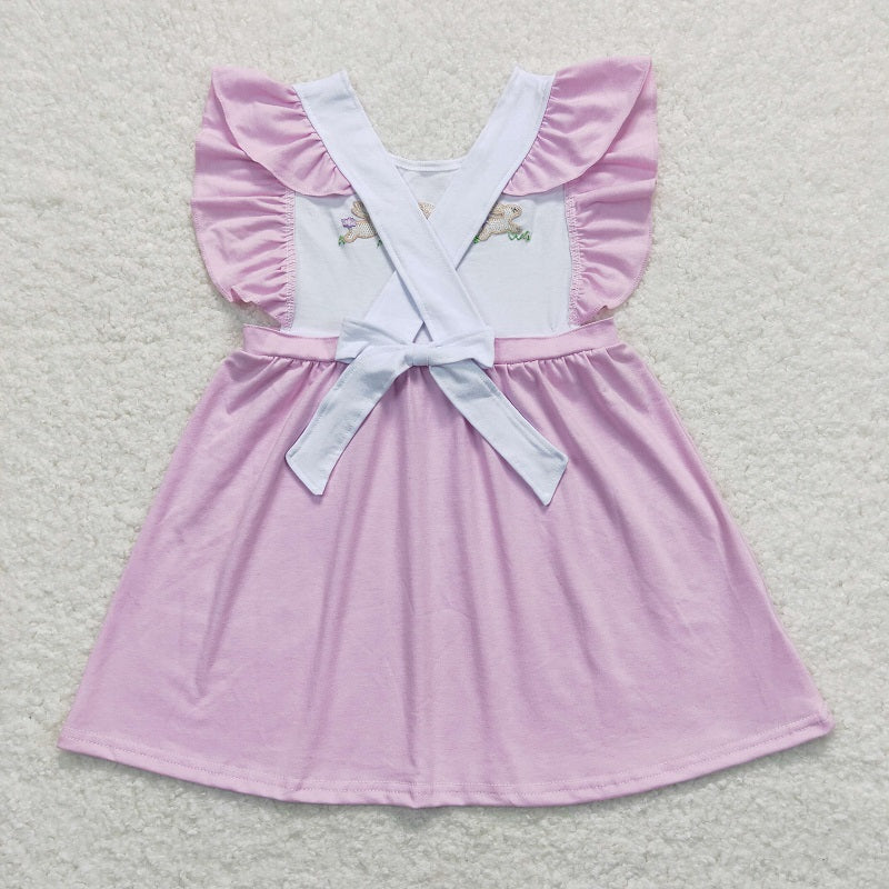 GSD0569 Embroidery Three Rabbits Bow Purple and White Flying Sleeve Dress