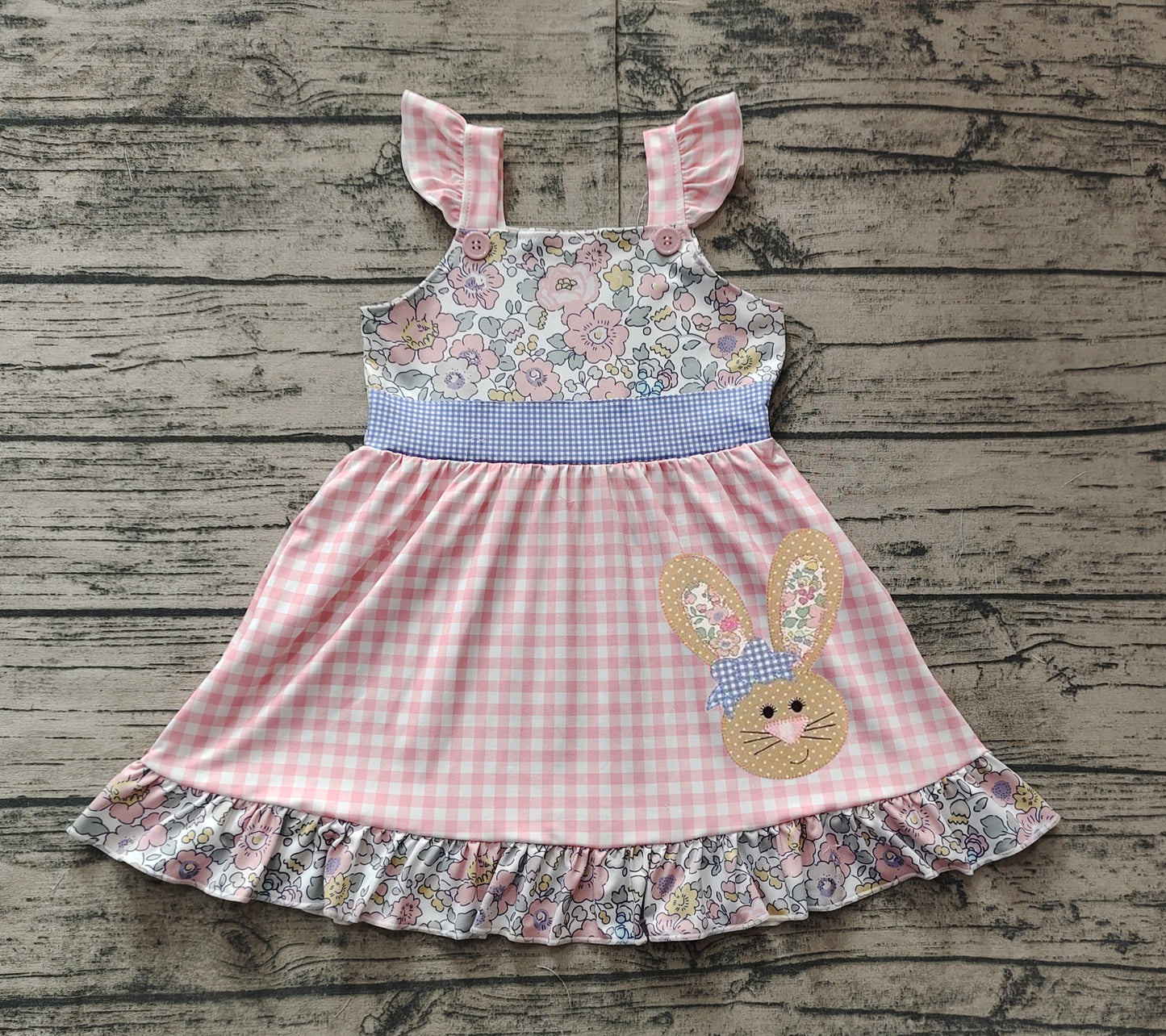 GSD0593 Flower Lace Bow Rabbit Pink and White Plaid Fly Sleeve Dress
