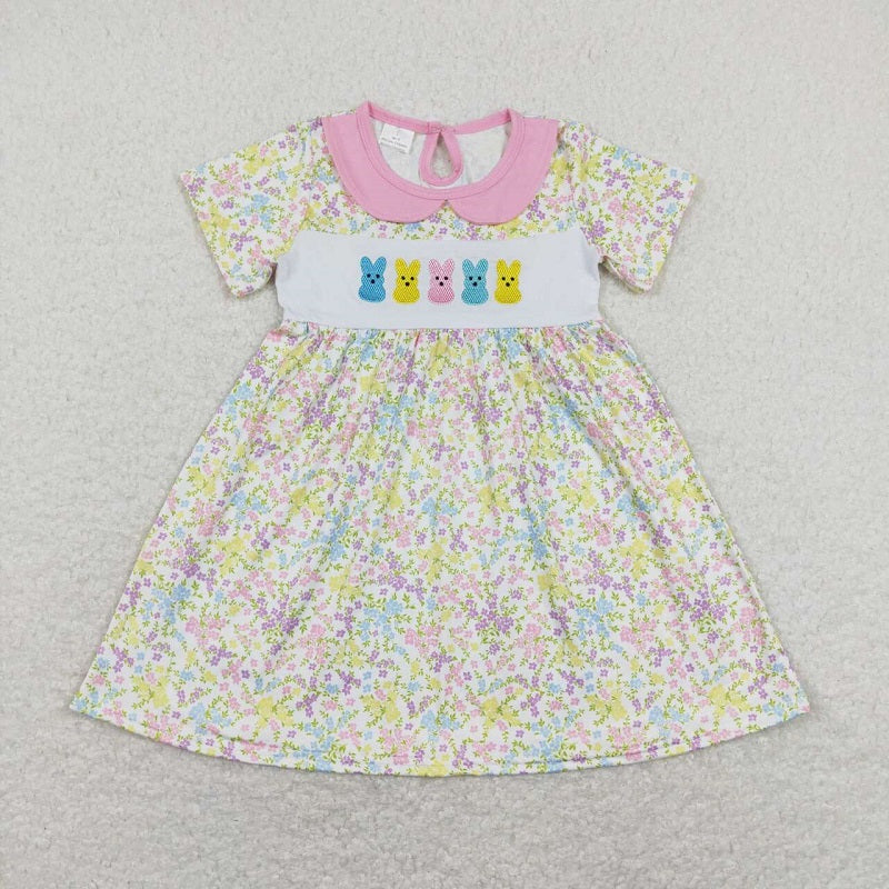 GSD0649 Embroidered colorful bunny flower floral pink baby doll collar short-sleeved dress