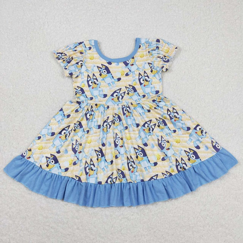 GSD0686 Cartoon Easter Egg Pocket Blue Lace Short Sleeve Dress