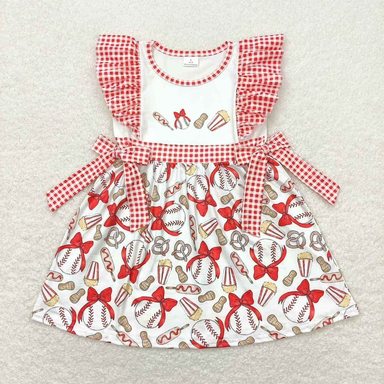 GSD0712 Bow Baseball Peanut Popcorn Red and White Plaid Bow Short Sleeve Dress