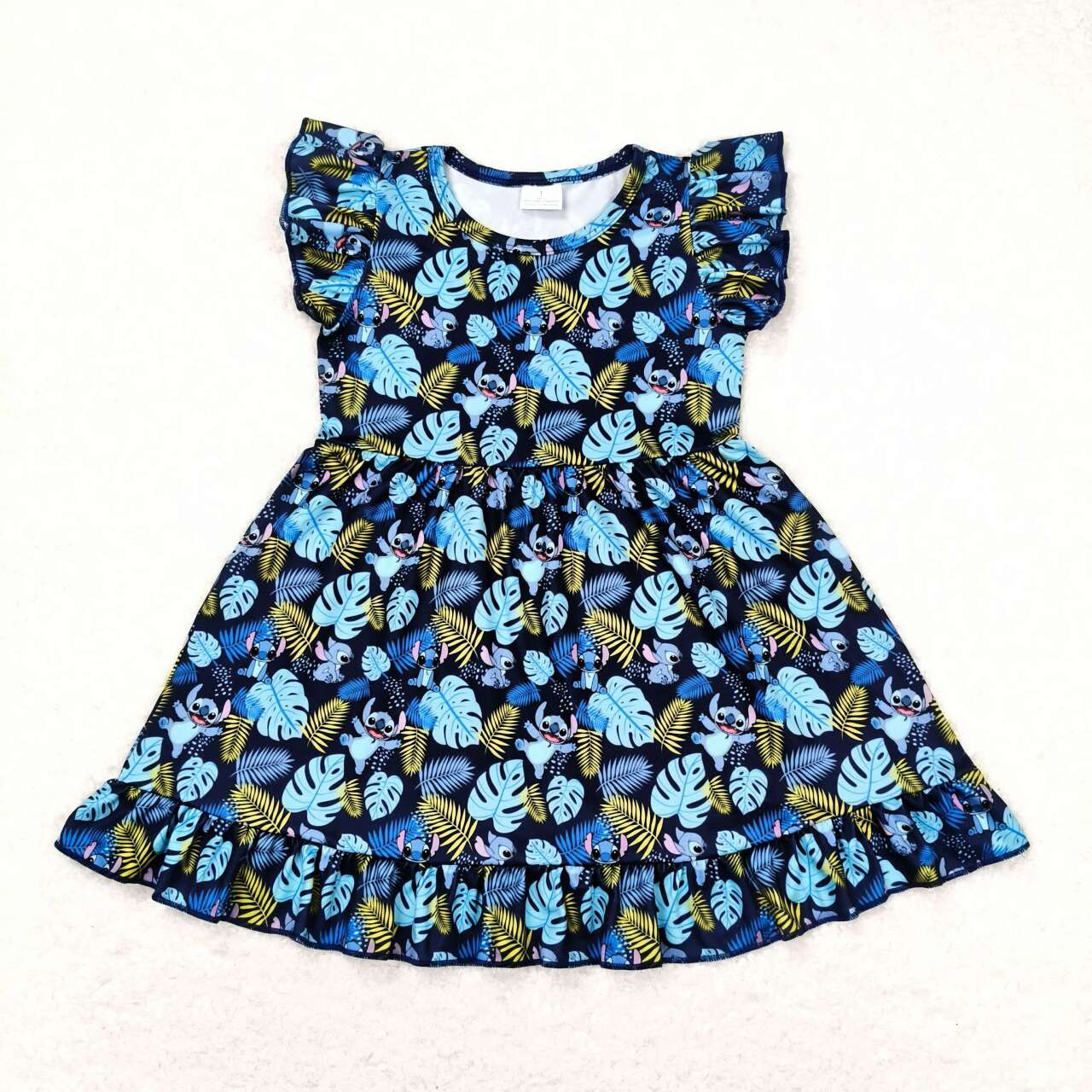 GSD0863 Cartoon leaves blue flying sleeve dress