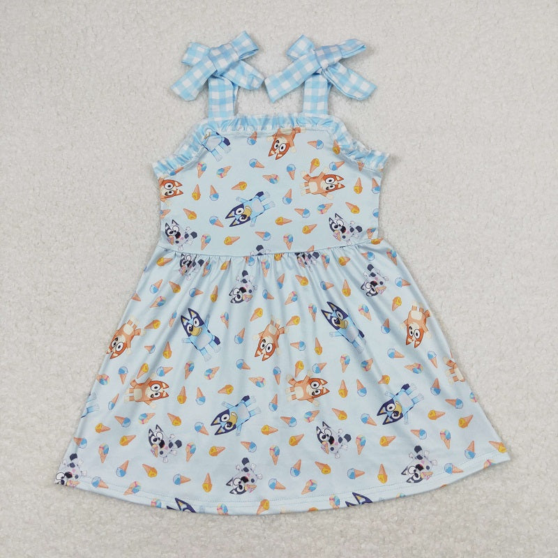 GT0491 Ice cream blue plaid lace bow suspender dress