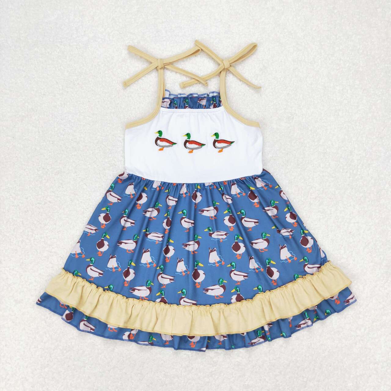 GSD0891 Embroidered duck light brown lace blue suspender dress