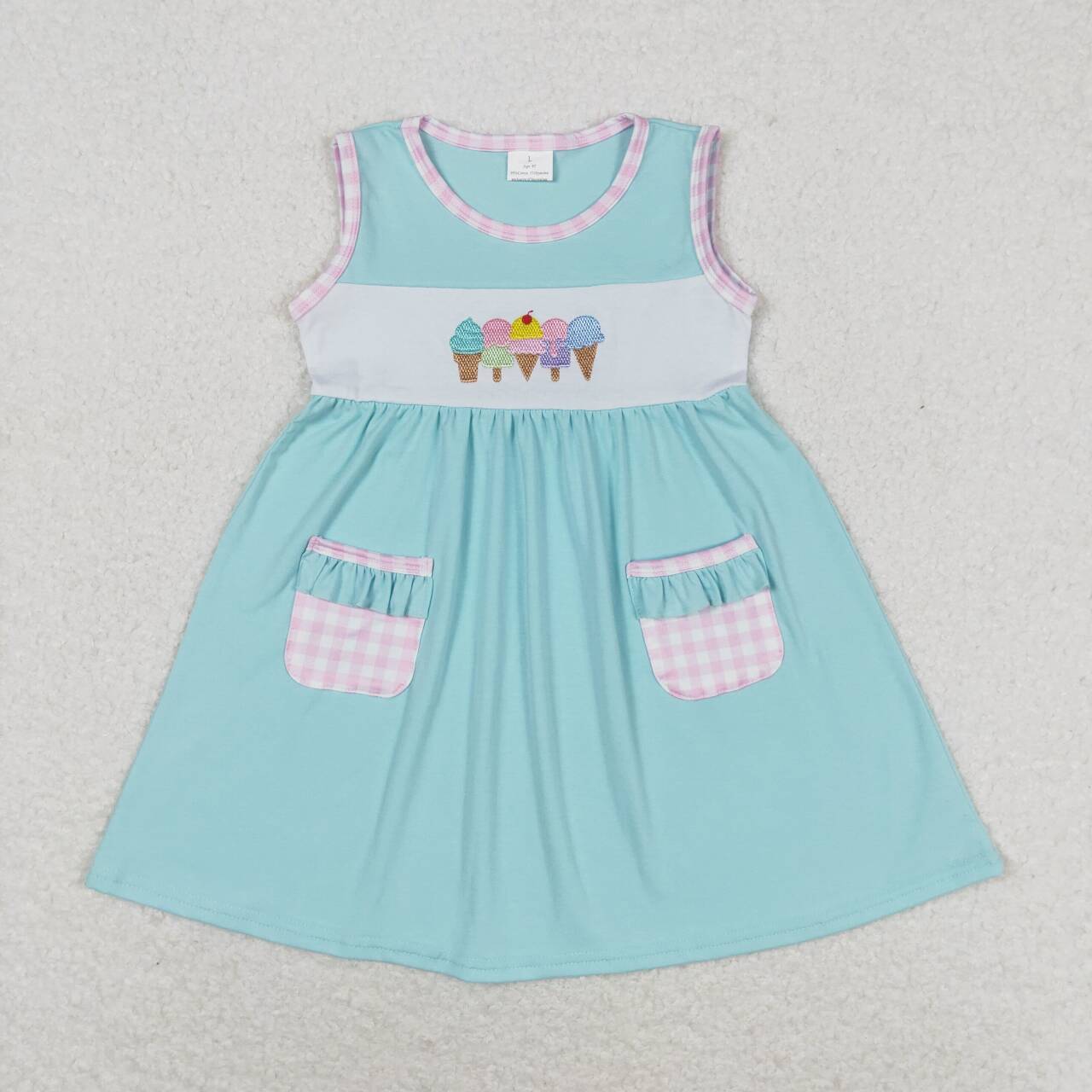 GSD0956 Embroidered ice cream plaid pocket teal sleeveless dress