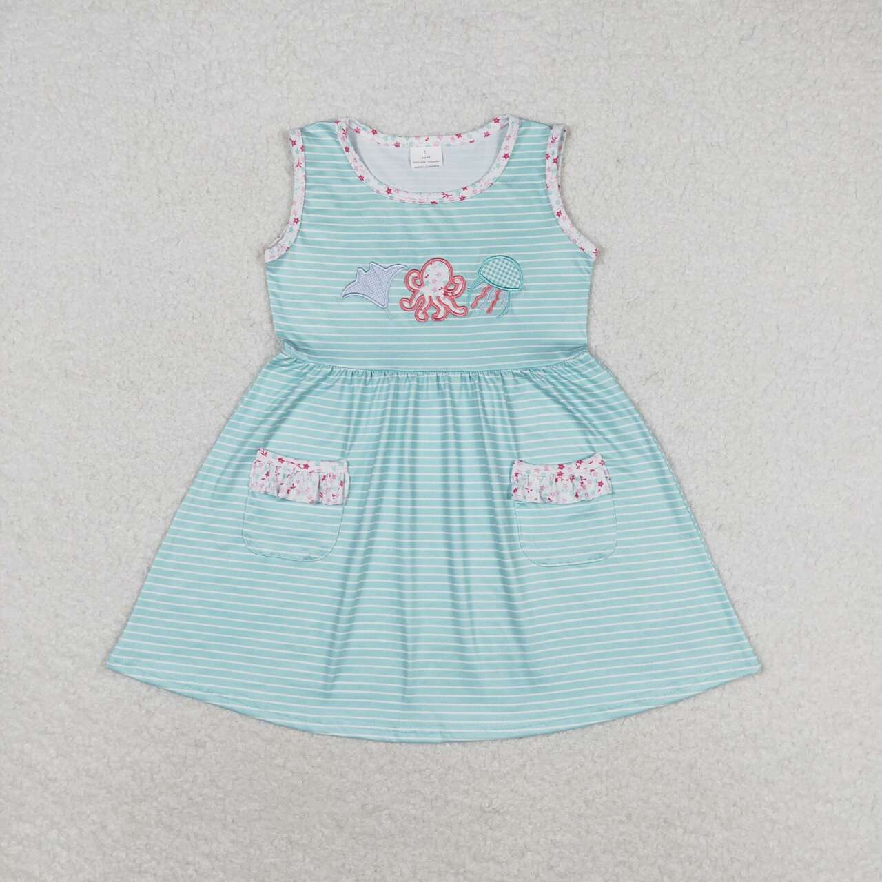 GSD0963 Embroidered octopus and jellyfish striped teal sleeveless dress