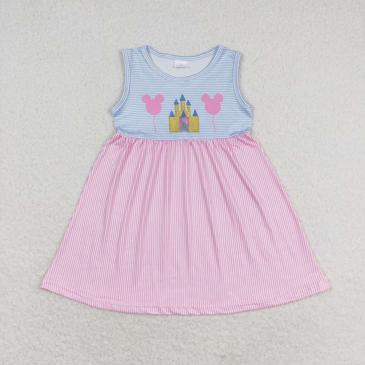 GSD1052 Balloon Castle Pink Blue Striped Sleeveless Dress