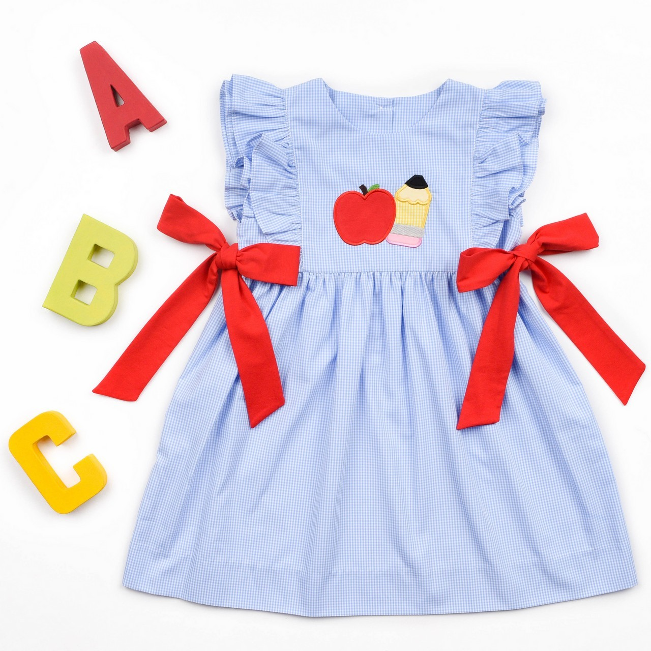 GSD1143 Apple Pencil Red Bow Blue Plaid Sleeveless Dress D 6.18