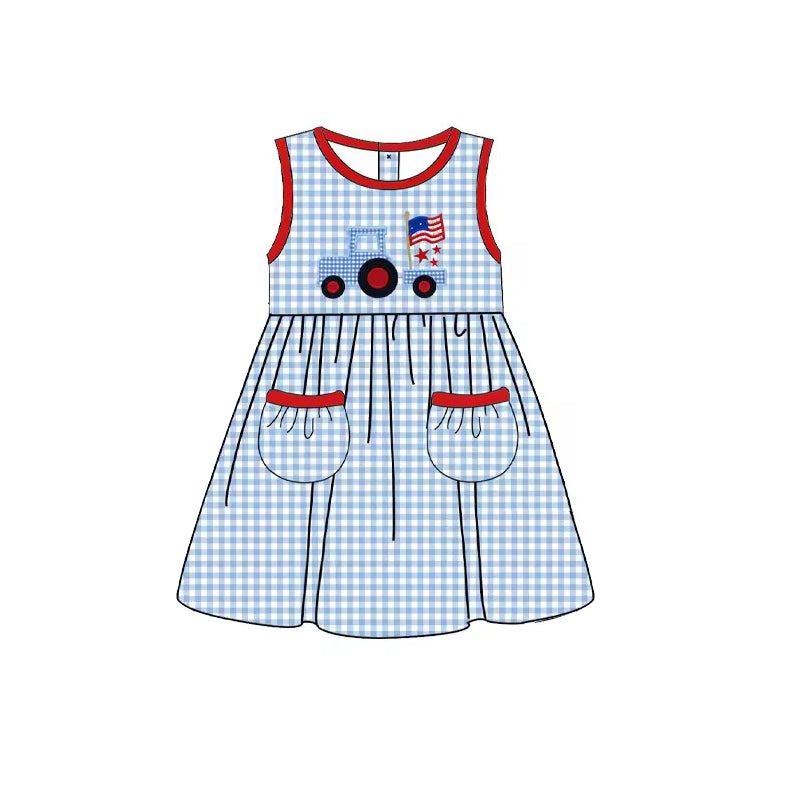 presale GSD1227 Truck Flag Stars Blue Plaid Sleeveless Dress