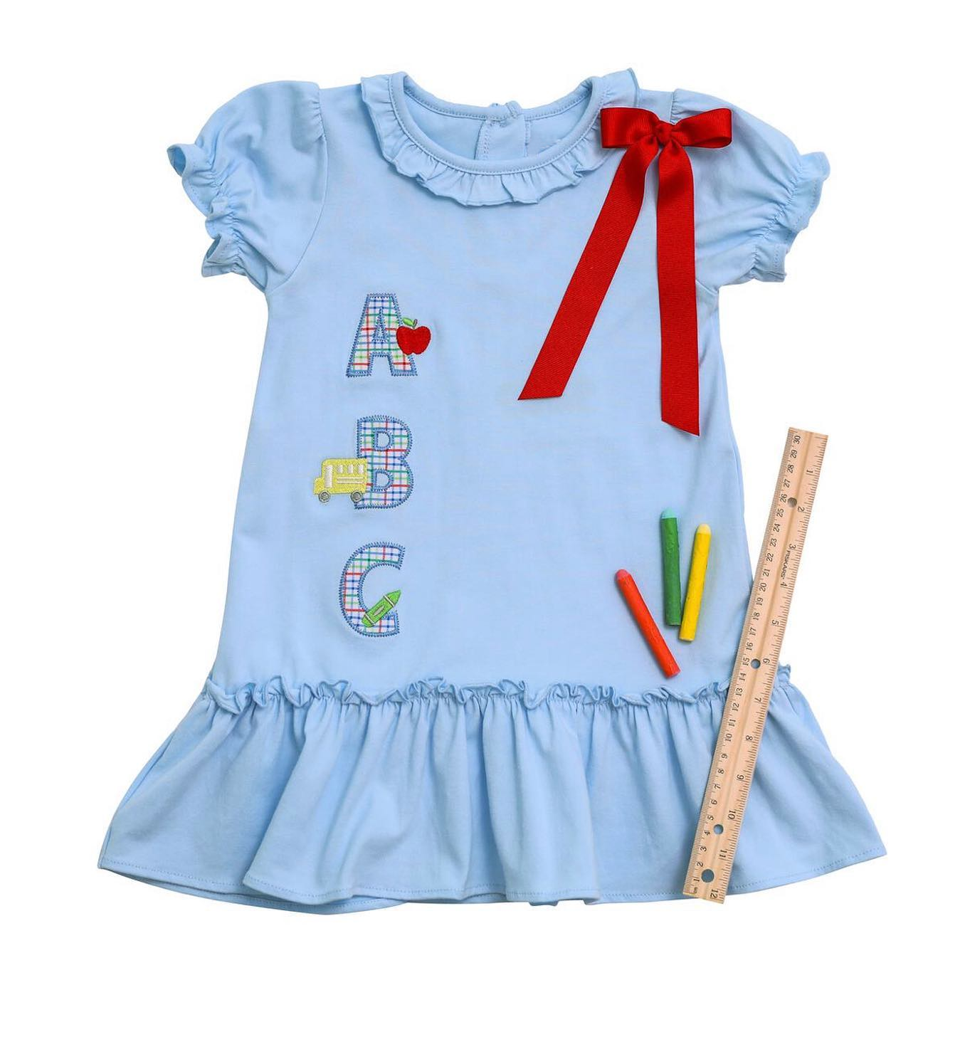 presale GSD1283 ABC Apple School Bus Blue Lace Short Sleeve Dress