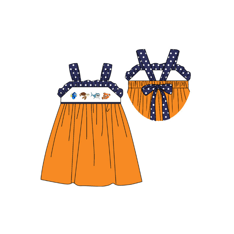 presale GSD1290 Cartoon fish polka dot navy blue lace bow orange sleeveless dress