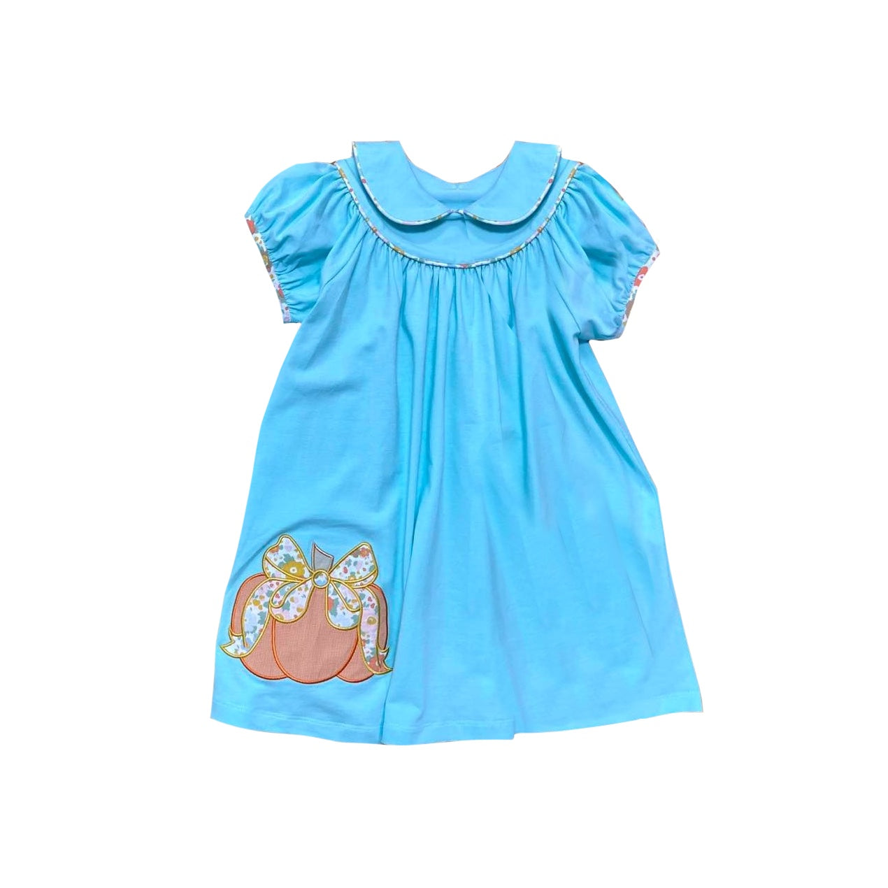 presale GSD1298 Blue short-sleeved dress with bow pumpkin doll collar
