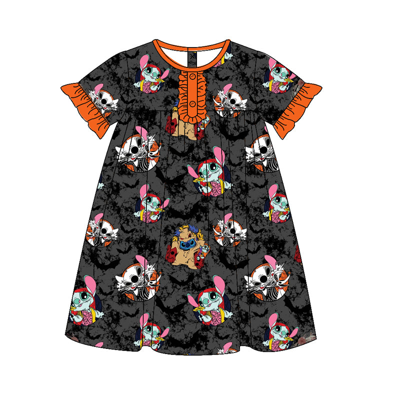 presale GSD1314 Halloween Bat Orange Lace Black Gray Short Sleeve Dress