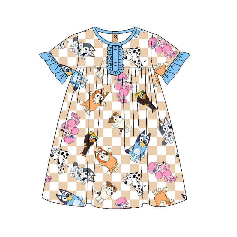 presale GSD1315 Plaid blue lace short-sleeved dress