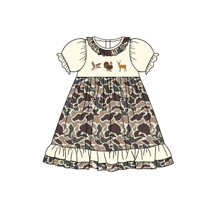 presale GSD1353 Duck Turkey Deer Camouflage Lace Beige Short Sleeve Dress